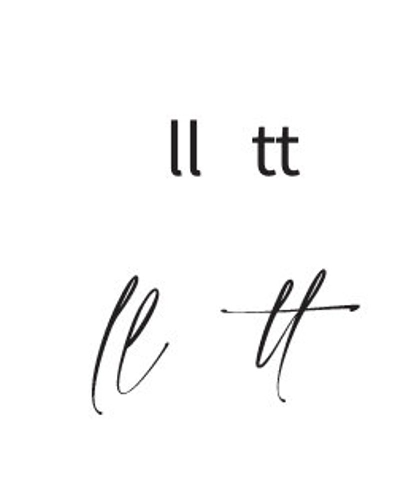 Puede incluir: Dos letras manuscritas en cursiva, "ll" y "tt", en tinta negra sobre fondo blanco.
