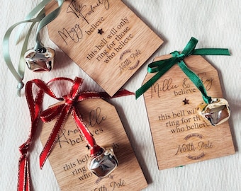 Personalized Christmas Bell: Engraved Wooden Name Tag, Christmas Eve Box Filler