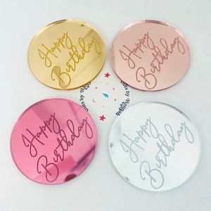 Happy Birthday Mirror Engraved Acrylic Cake Discs | Toppers, Decor, Cupcake, Cake, Cakesicles Treat Box | Fun Charm Cake Topper | Gift Tags