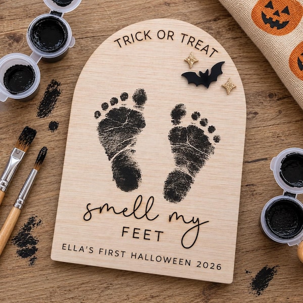 Personalised First Halloween Decoration | Baby's Footprint Plaque, Trick or Treat Smell My Feet, Memory Keepsake Sign