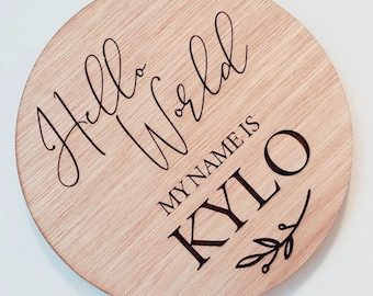Hello World Personalised Engraved Birth Announcement Sign