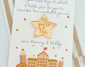 Personalized First Day of School Card: Star Pocket Hug, Brave Button
