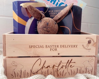 Personalised Gift for Easter Bunny Rabbit Wooden Crate I Wooden Easter  Basket Hamper ready to fill for Easter Hunts