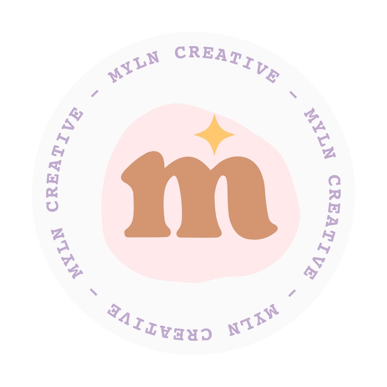 May include: A white circle with the text "MYLN CREATIVE" repeated around the edge. Inside the circle is a pink and white abstract shape with a brown "m" and a gold star.