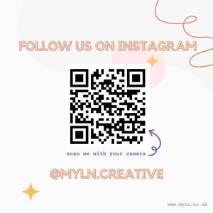 May include: A black and white QR code with a purple arrow pointing to the right. The text "scan me with your camera" is below the QR code. The text "@MYLN.CREATIVE" is below the text "scan me with your camera". The text "www.myln.co.uk" is at the bottom of the image.