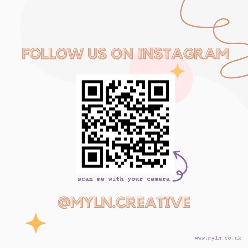 May include: A black and white QR code with a purple arrow pointing to the right. The text "scan me with your camera" is below the QR code. The text "@MYLN.CREATIVE" is below the text "scan me with your camera". The text "www.myln.co.uk" is at the bottom of the image.