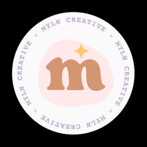 May include: A white circle with the text "MYLN CREATIVE" repeated around the edge. Inside the circle is a pink and white blob with a brown "m" and a yellow star.