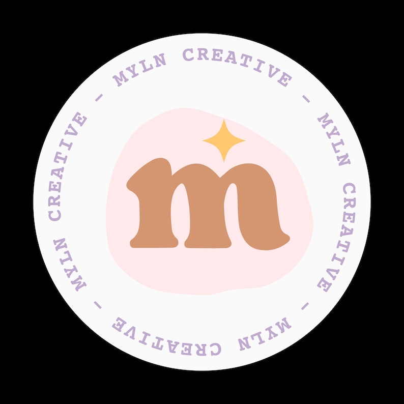 May include: A white circle with the text "MYLN CREATIVE" repeated around the edge. Inside the circle is a pink and white blob with a brown "m" and a yellow star.
