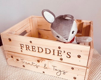 Personalised Cat Dog Pet Toy Box Wooden Crate Storage For Treats, toys or accessories gift new pet Engraved