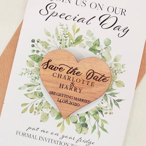 Save The Date Wedding Magnets plus Optional Card Invites, Rustic Wooden Heart Fridge Magnets with Personalised Foliage Cards Fully assembled