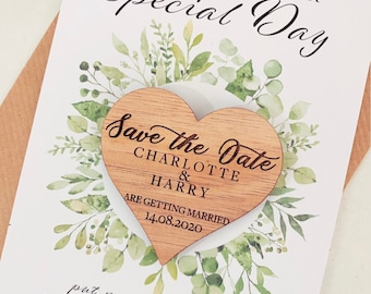 Save The Date Wood Magnets plus Optional Card Invites, Rustic Wooden Heart Fridge Magnets