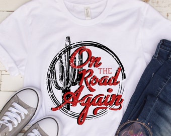 On The Road Again, Boho Southwest Chic, Trendy Country Western Phrase, Retro Camping Shirt, Cactus Graphic, Road Trip, Travel Quote T-Shirt