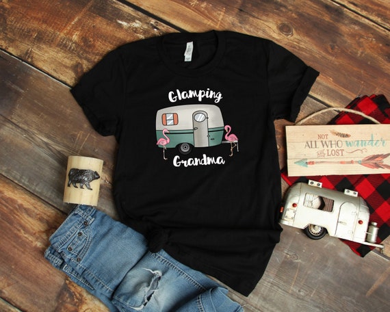 Glamping Grandma Tshirt, Womens Camping Shirt, Cute Vintage RV Travel Trailer, Flamingos, Crazy Camping Lady Shirt