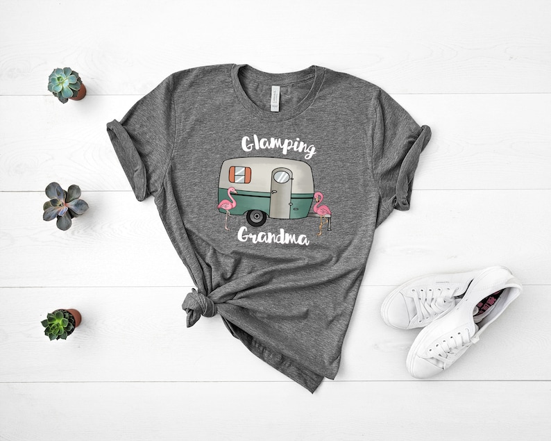 May include: Gray t-shirt with a white camper van and the text "Glamping Grandma" and two pink flamingos.