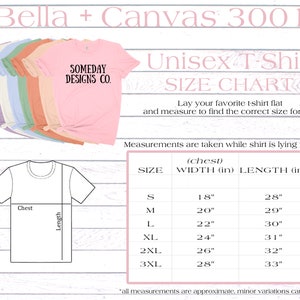 May include: Unisex t-shirt size chart with measurements in inches. The chart shows the chest width and length of the shirt in sizes S, M, L, XL, 2XL, and 3XL. The chart is on a woodgrain background.