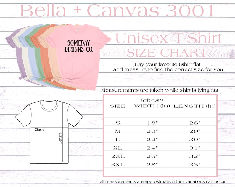 May include: Unisex t-shirt size chart with measurements in inches. The chart shows the chest width and length of the shirt in sizes S, M, L, XL, 2XL, and 3XL. The chart is on a woodgrain background.