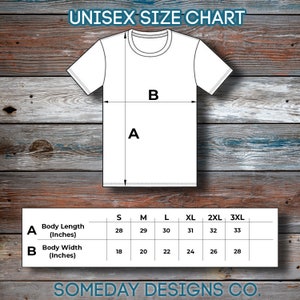 May include: Unisex size chart for a t-shirt with measurements in inches for body length and width. The chart shows sizes from S to 3XL.