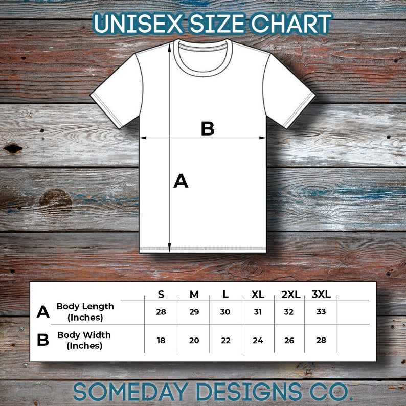 May include: Unisex size chart for a t-shirt with measurements in inches for body length and width. The chart shows sizes from S to 3XL.