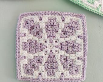 Crochet pattern Mosaic Bloom Coasters, square, flower, blanket, granny square, pattern, crochet, overlay mosaic, Dutch, NL, English, US