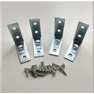 May include: A set of six silver metal corner brackets with four screw holes each, and a pile of silver screws.