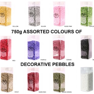 May include: Assortment of 750g decorative pebbles in 10 colours: yellow, silver, rose pink, apple green, red, purple, cerise, black, gold, dark red, moss green, and white.