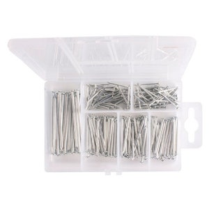 May include: A clear plastic storage box filled with silver-coloured push pins. The box has multiple compartments and a handle on the top.