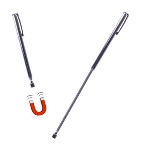 May include: A silver telescopic magnetic pick-up tool with a red horseshoe magnet at the end. The tool is extended and the magnet is facing upwards.