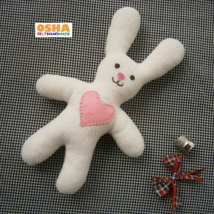White Bunny with pink heart Valentine Day Gift for Toddler toy Stuffed bunny rag doll White rabbit Stuffed animals Fabric rabbit Cloth bunny