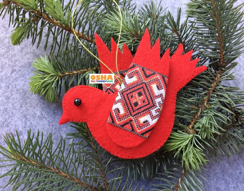 Felt Bird ornaments 6colors in Ukrainian Folk Stand with Ukraine Red White Black Birds for Christmas tree decoration Xmas tree felt decor image 4