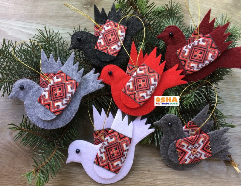 Felt Bird ornaments 6colors in Ukrainian Folk Stand with Ukraine Red White Black Birds for Christmas tree decoration Xmas tree felt decor image 9