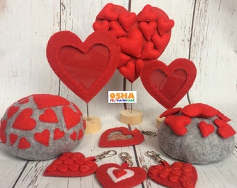 Valentine's Day felt Pincushion 2designs Red Hearts table decor Felt pincushion ball Semi sphere felt pincushion Red Hearts Pincushion Gray