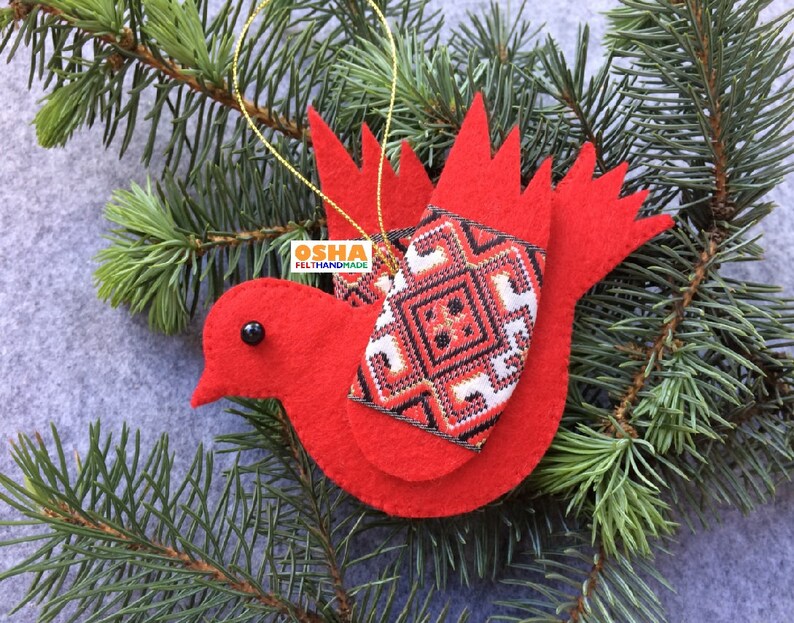 Felt Bird ornaments 6colors in Ukrainian Folk Stand with Ukraine Red White Black Birds for Christmas tree decoration Xmas tree felt decor image 2