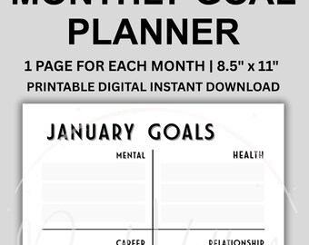 Objetivos mensuales imprimibles (descarga digital instantánea) / Reflexión sobre hábitos mensuales / Hoja de objetivos sencilla / Seguimiento de objetivos / Tablero de visión