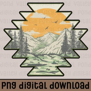 May include: A digital download graphic featuring a mountain landscape within a geometric design. The image showcases a sunset, mountains, trees, and flying birds, with a camouflage-style pattern at the bottom. The text "PNG DIGITAL DOWNLOAD" is at the bottom.