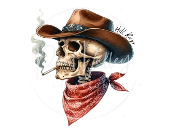 May include: A watercolor illustration of a skull wearing a brown cowboy hat with a star and stripe design, a red bandana, and smoking a cigarette. The skull is the focal point, set against a white background.