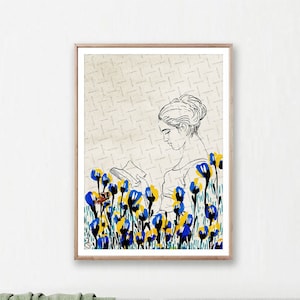 Woman reading book, Woman flowers butterfly, Delicate drawing of woman with book, Blue Yellow Floral Printable Download, Wall Art, Feminine