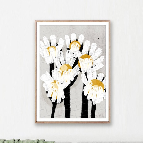 Daisies Print, Downloadble Daisy Wall Art, Black Yellow White Decor, Instant Digital Download Art, Flowers Printable, Primitive Style Art