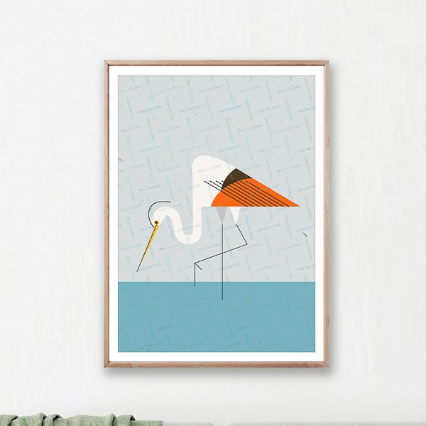 Heron Print, Minimal Bird Poster, Heron Illustration, Nautical Theme, Minimal Decor, Bathroom Wall Art, Digital Download, Grey Blue Art