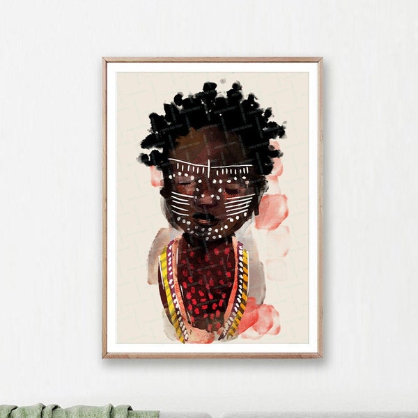 Impression d'enfant africain, portrait de bébé de tribu, art mural ethnique, enfant indigène avec visage peint, téléchargement numérique, portrait imprimable