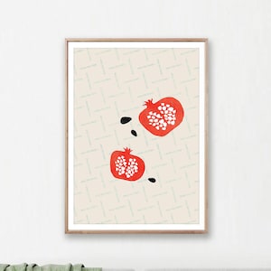 Pomegranate Print, Fruit Digital Download, Food Printable Art, Red Beige Kitchen Decor, Fruit Wall Art, Japanese Inspired Art, Still Life