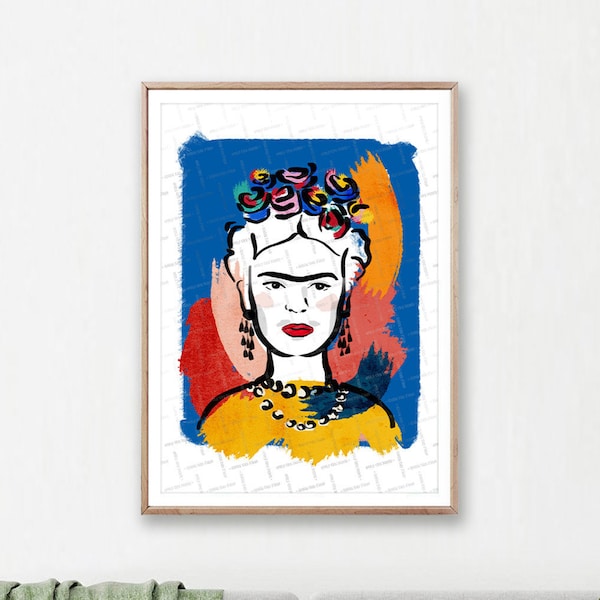 Frida Kahlo Print, Frida Colourful Portrait, Inspiring Women Wall Art, Printable Frida Kahlo Illustration, Frida Drawing