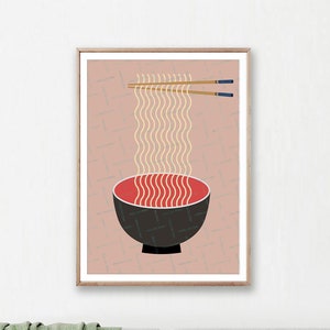 Bowl of Noodles Print, Noodles Bowl, Ramen Art Print, Minimal Kitchen Wall Art, Japanese Food, Red Pink Kitchen Printable, Digital Download