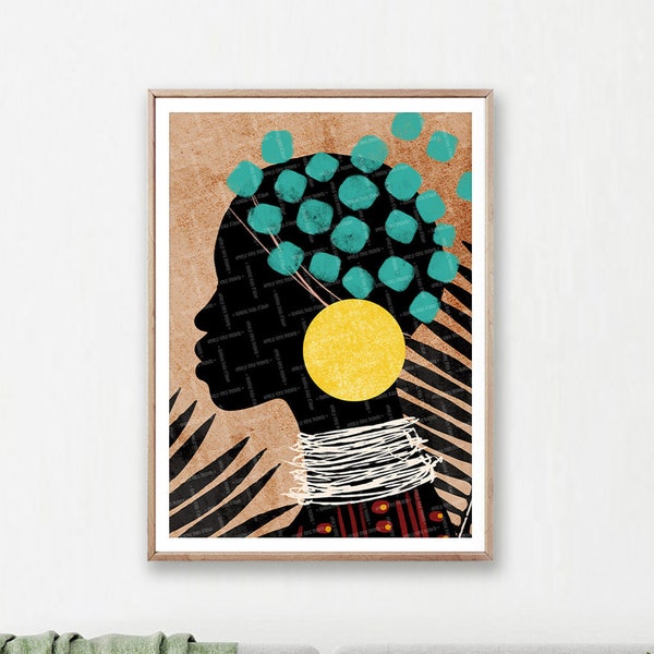 Ethnische Frau Kunstdruck, bunte moderne afrikanische Frau, schwarze Frau digitaler Download, schöne Frauen, mutige Wand-Galerie zeitgenössische Drucke
