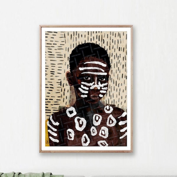African Boy with body paint, Afrocentric Decor, Ethnic Print, Indigenous Child, Tribal painted Face, Digital Download, Printable Wall Art