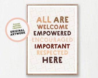 All Are Welcome Here, Inclusion Printable Poster, Classroom Posters, Teach Diversity Empowerment Tolerance, No Racism, Inspirational Digital