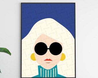 Woman face Print, Cool woman with sunglasses, Bold Graphic Wall Art, Fashion Print, Colourful Printable, Blue White Black Art Female