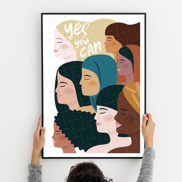 Feministische print, vrouwen diversiteit kunst aan de muur, girl power, afdrukbare vrouw illustratie, gelijkheid, feminisme, zusterschap, vrouwelijke multi raciale