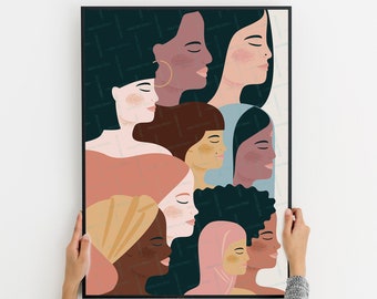 Impression féministe de femmes, Art mural de diversité, Girl Power, Illustration de femme imprimable, Égalité, Féminisme, Fraternité, Art multiracial féminin