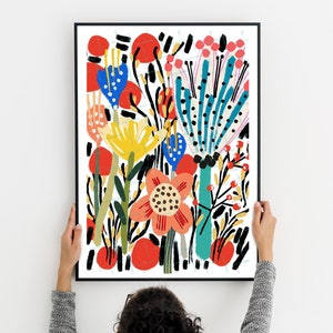 Flowers Printable, Bright Botanical Painting, Yellow red Green Art, Lush Flowers Print, Bold Flower Poster, Colourful Wall Downloadable