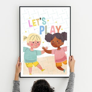 Póster infantil sobre diversidad, lámina infantil multirracial, imprimible para jugar, Let's Play, lámina para habitación infantil, bonito arte mural infantil, descarga digital